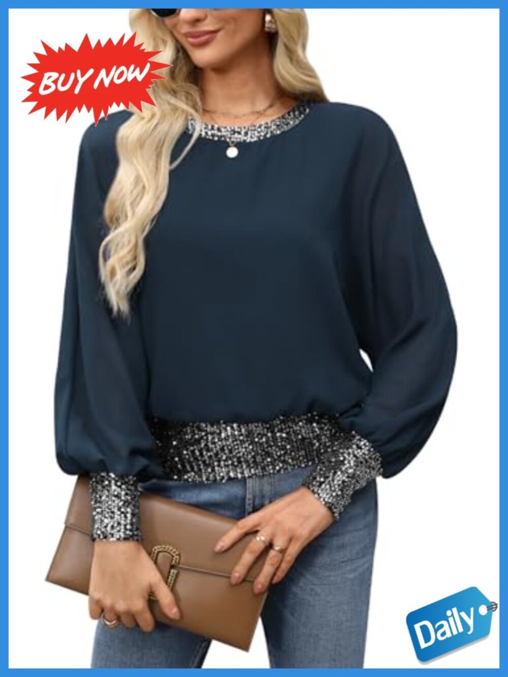 Sequin Chiffon Blouson Top Dressy Wedding Cocktail Party Shirt